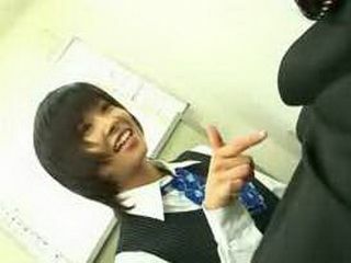 Nippon office lady with tiny penis teases shy coworker in JAV porn video